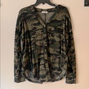 Camo knit button up long sleeve top